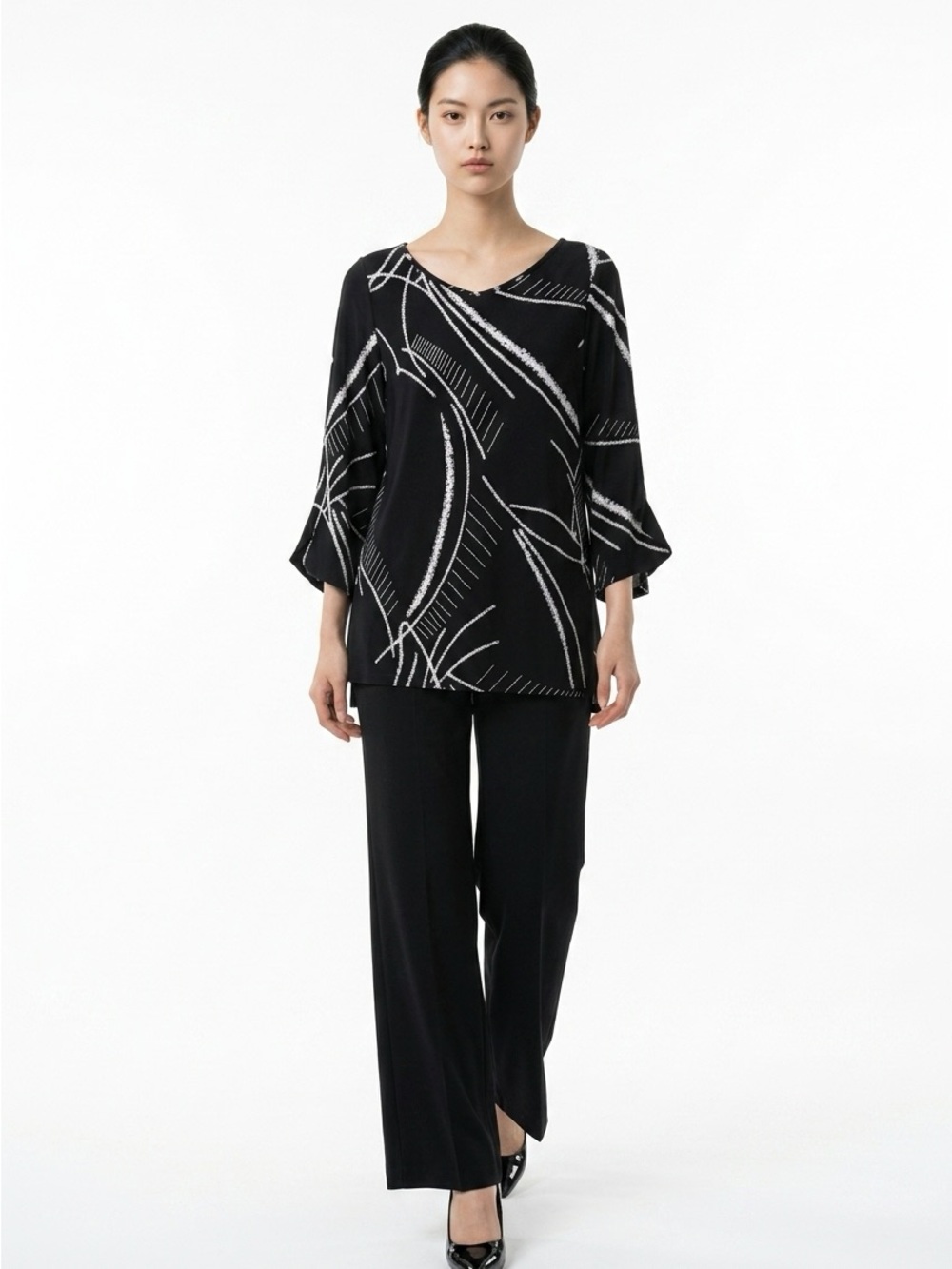 CLARA SUNWOO V-NECK 3/4 SLEEVES BLACK WHITE ASYMMETRICAL PARACHUTE TUNIC TOP XS